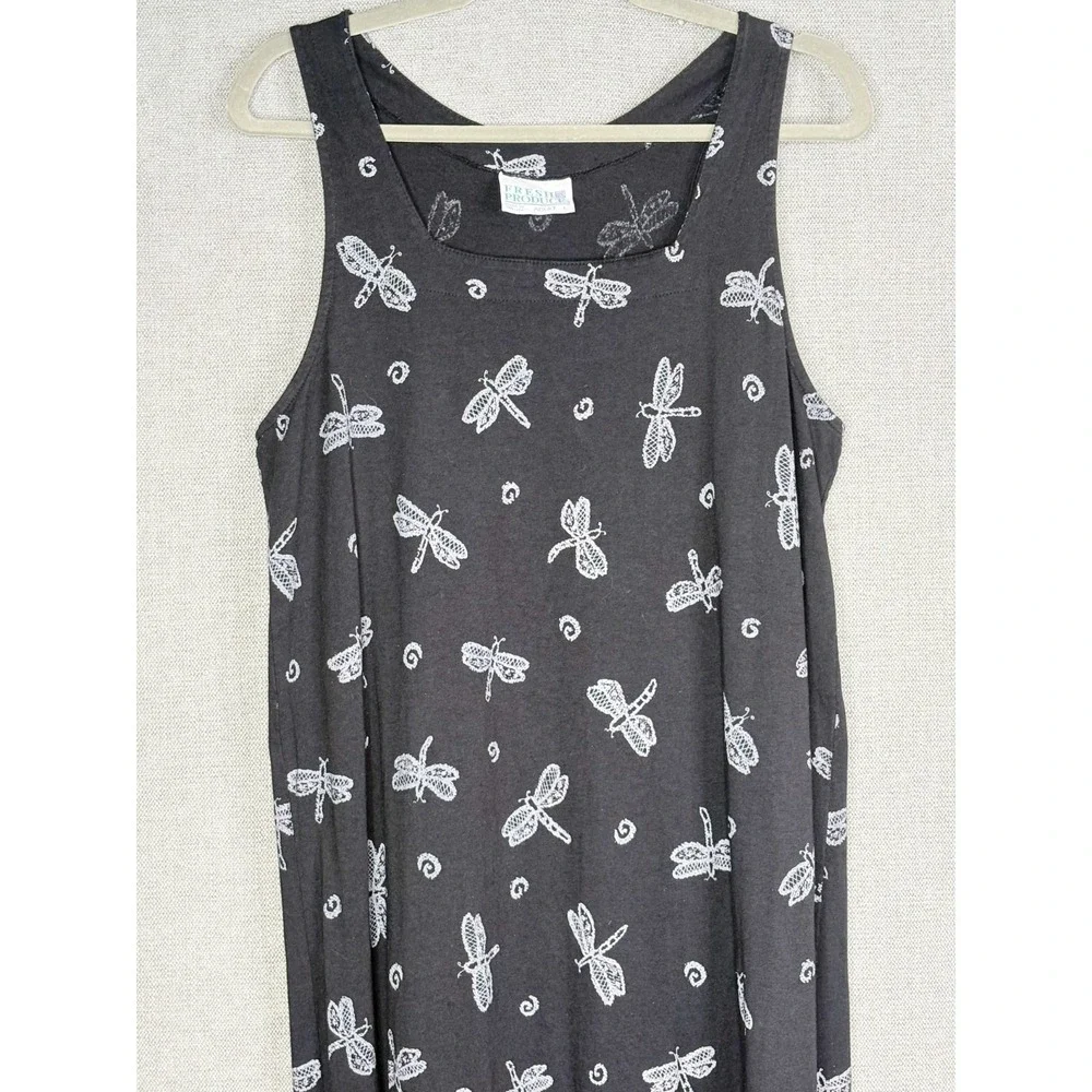 Fresh Produce Dress Womens Large Black Purple Dragonfly Print Maxi Vintage USA